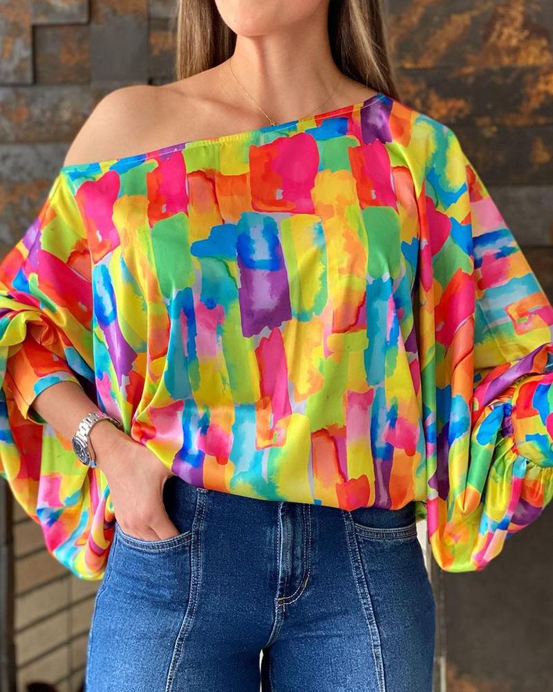 

One Shoulder Lantern Sleeve Colorblock Top, Multicolor