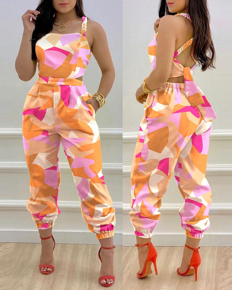 

Allover Print Criss Cross Tied Detail Backless Jumpsuit, Multicolor