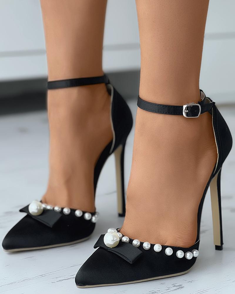 

Pearls Ankle Strap Heels, Black