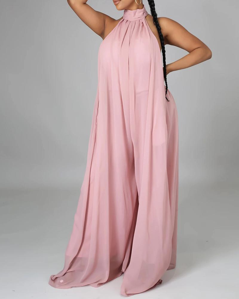 

Sleeveless Halter Backless Wide Leg Jumpsuit, Pink