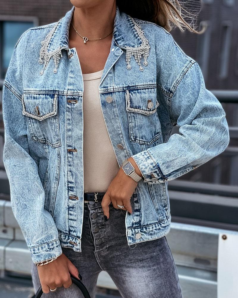 

Tassel Pocket Design Buttoned Denim Coat, Light blue