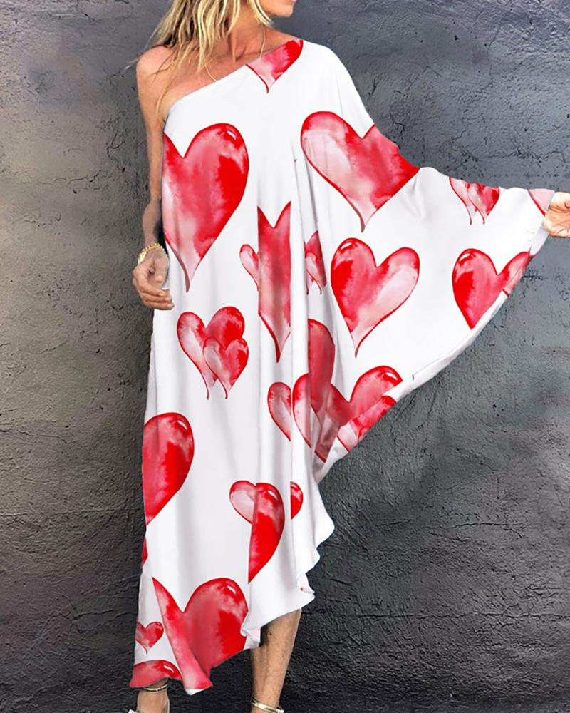 

Heart Print One Shoulder Asymmetrical Maxi Dress, Red