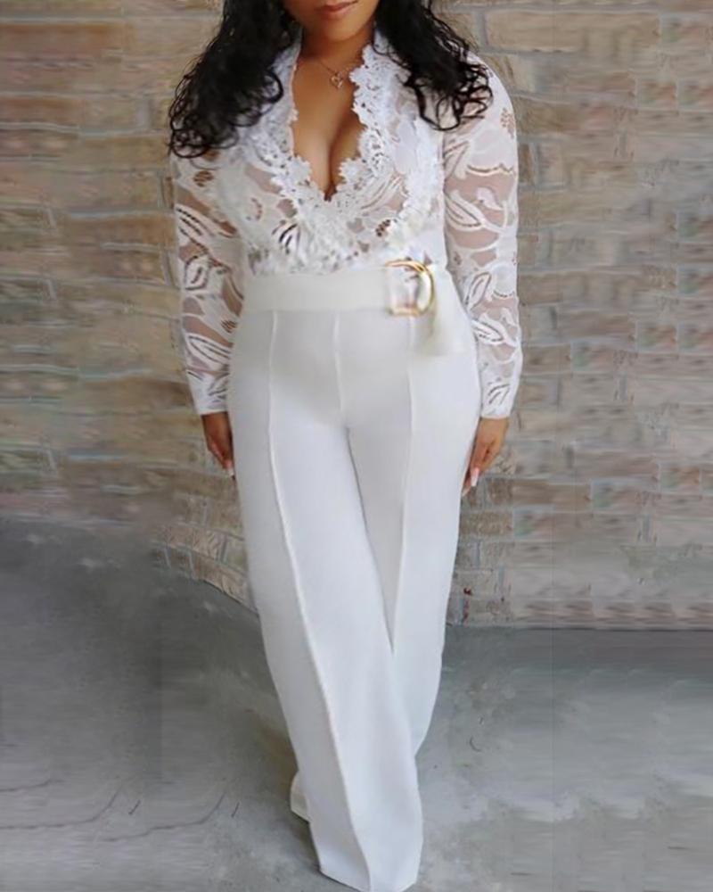 

Plus Size Plunge Lace Bodice Long Sleeve Jumpsuit, White