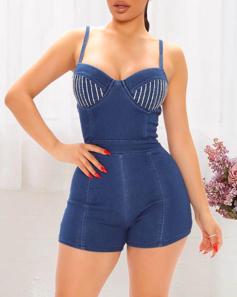 

Studded Zipper Design Skinny Denim Rompers, Blue