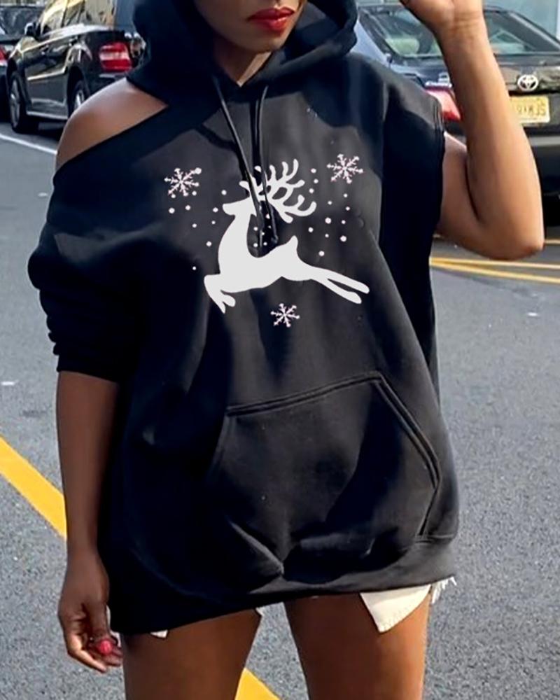 

Christmas Reindeer Print Cold Shoulder Long Sleeve Hoodie, Black