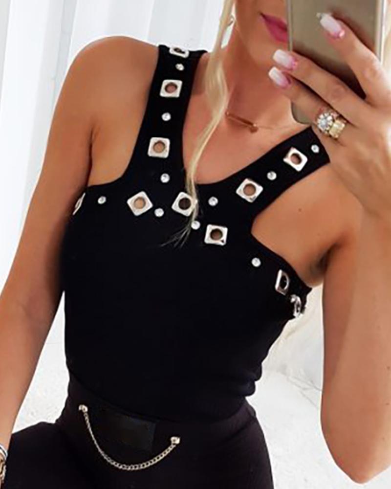 

Geometric Pattern Studded Hollow Out Sleeveless Knit Top, Black