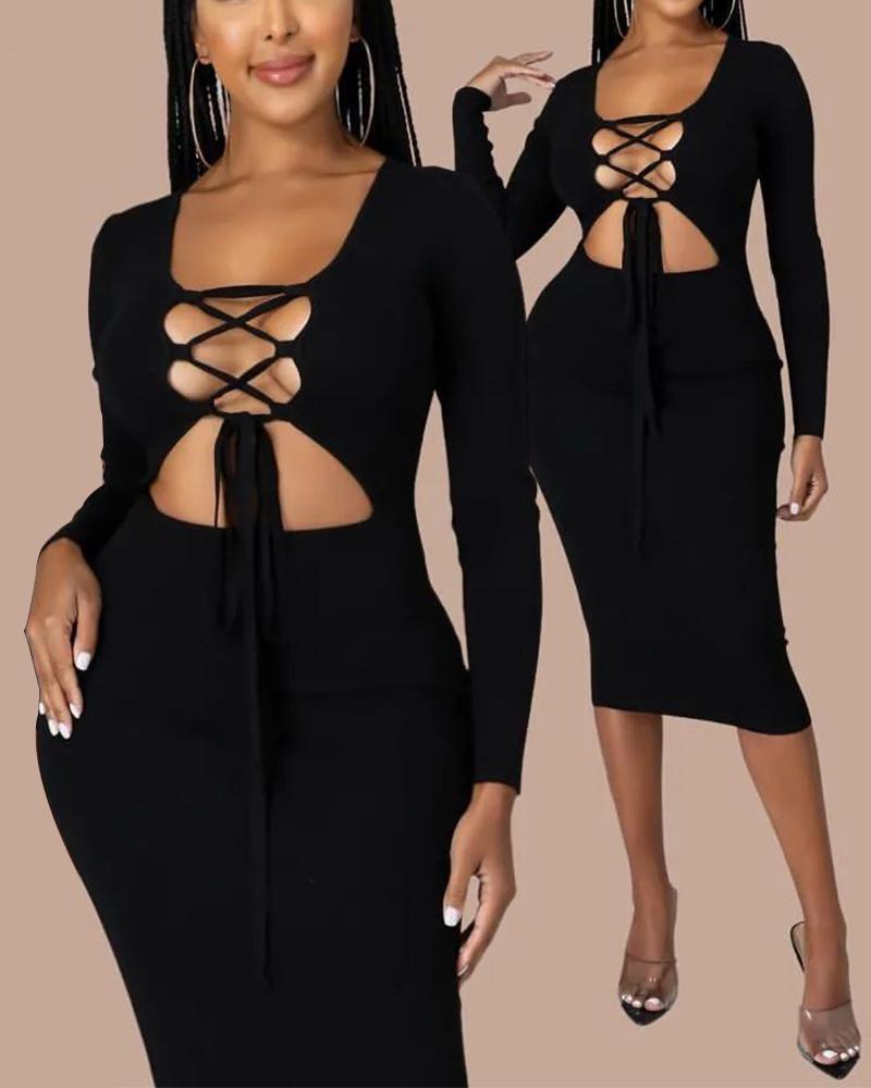 

Cutout Lace-up Front Bodycon Dress, Black