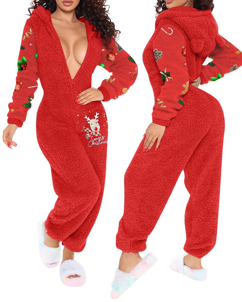 

Christmas Graphic Print 3D Ear Functional Fluffy Lounge Jumpsuit, Red
