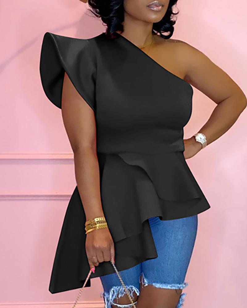 

One Shoulder Ruffles Casual Blouse, Black