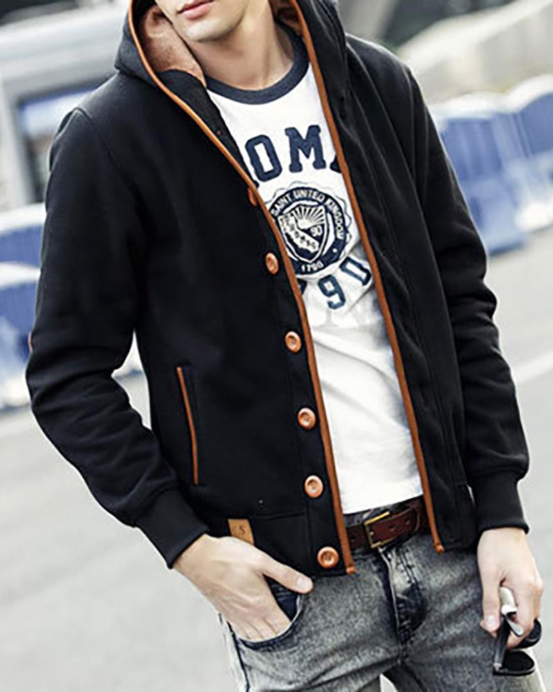 

Man Button Design Colorblock Hooded Top, Black