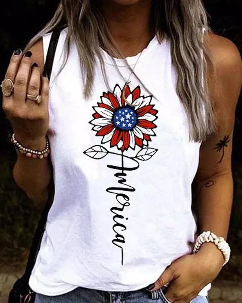 

Independence Day Flag Sunflower Letter Print Tank Top, White