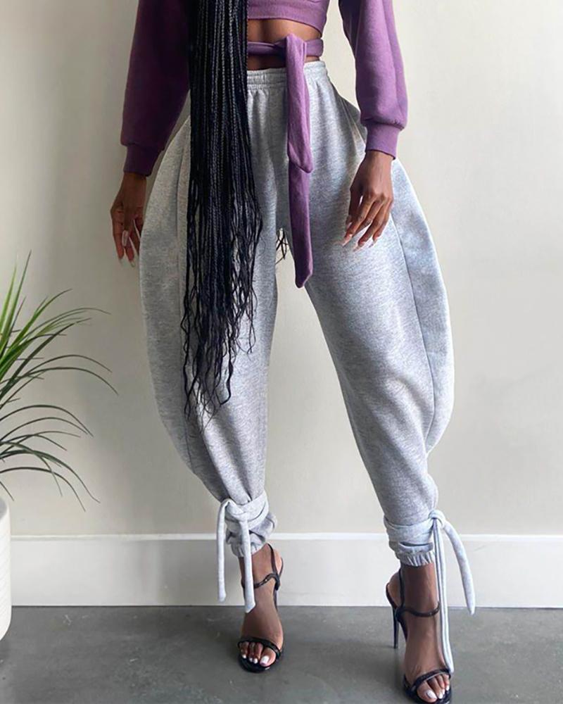 

Plain Drawstring Tie Detail Active Pants, Gray