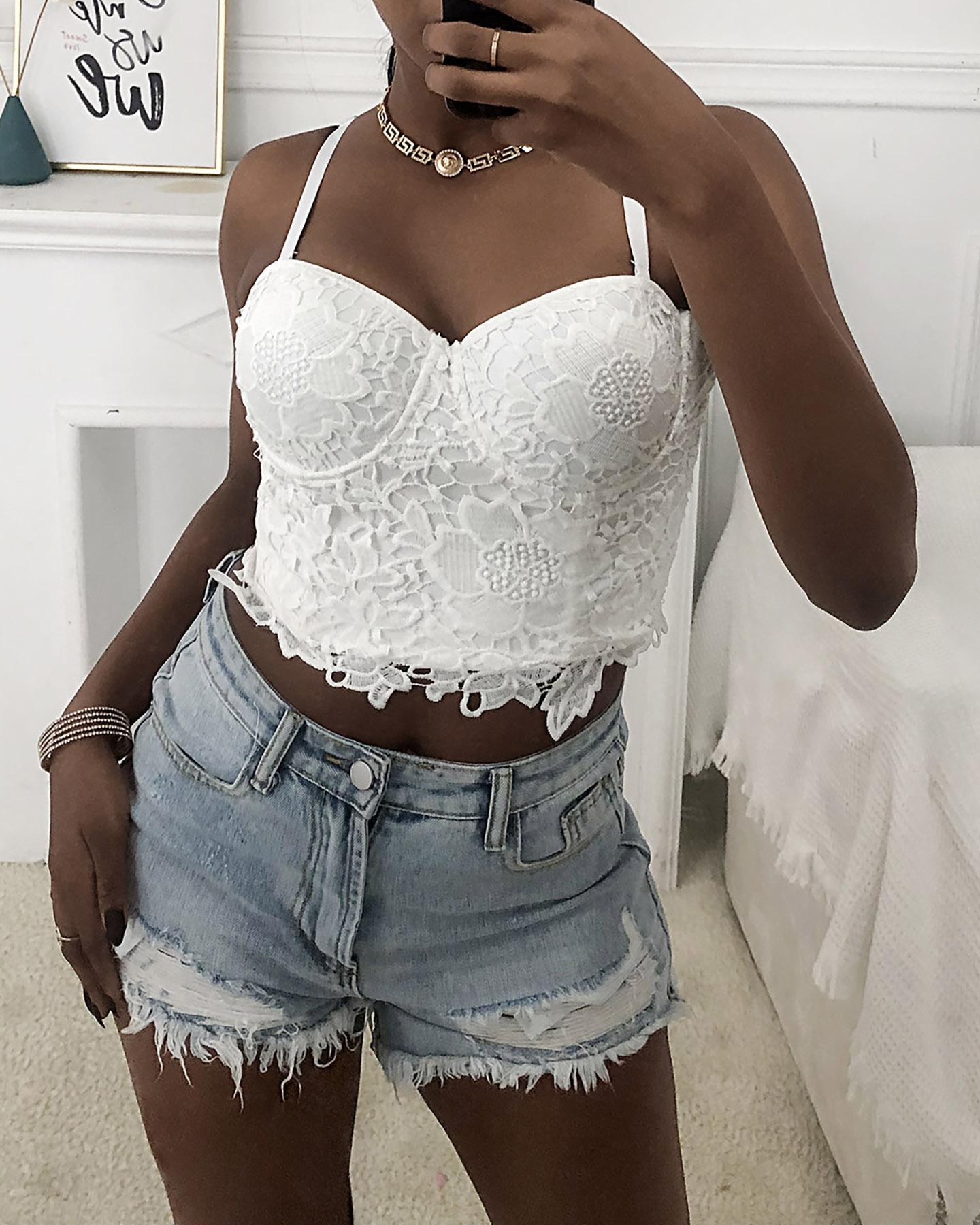 

Guipure Lace Spaghetti Strap Corset Crop Top, White