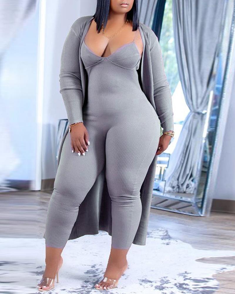 

Plus Size Ribbed Spaghetti Strap Jumpsuit With Longline Coat, Gray