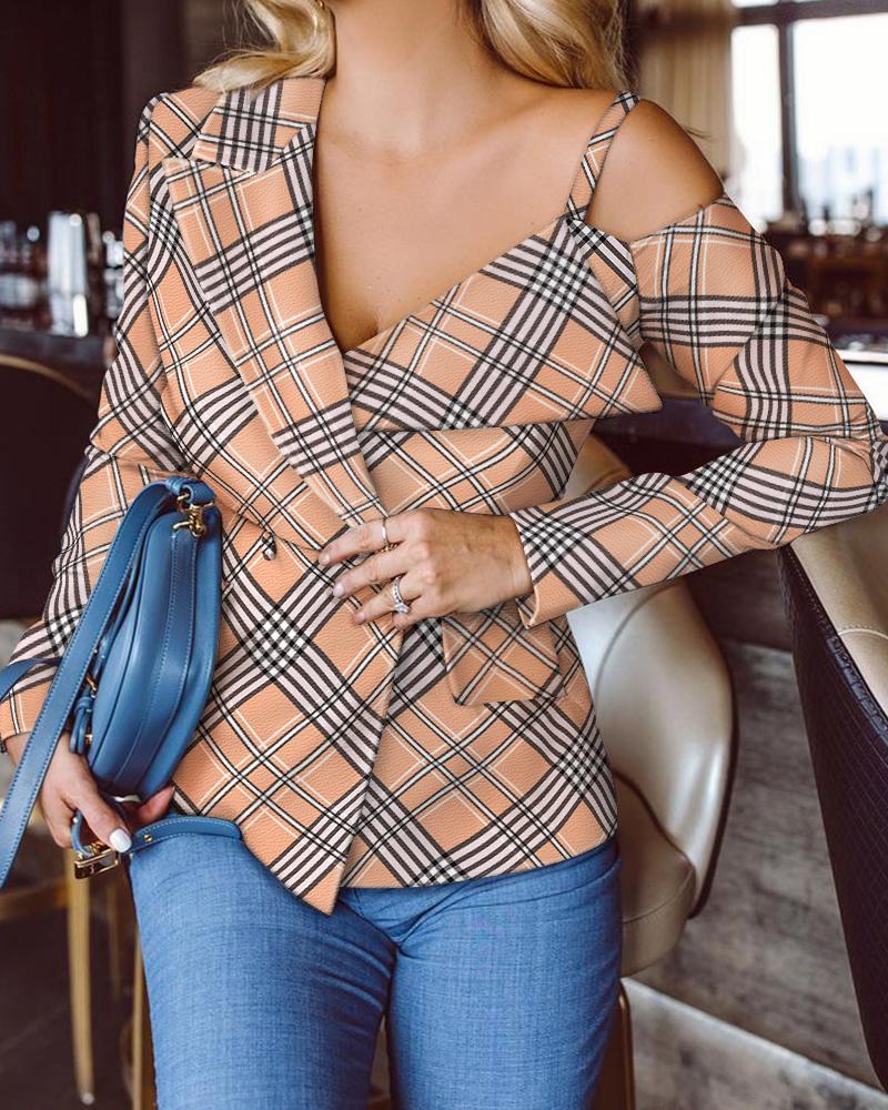 

Plaid Print Cold Shoulder Double Button Blazer, Brown