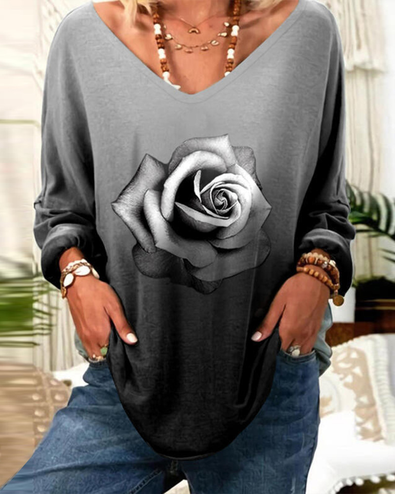 

Rose Print Long Sleeve Women Blouse, Gray
