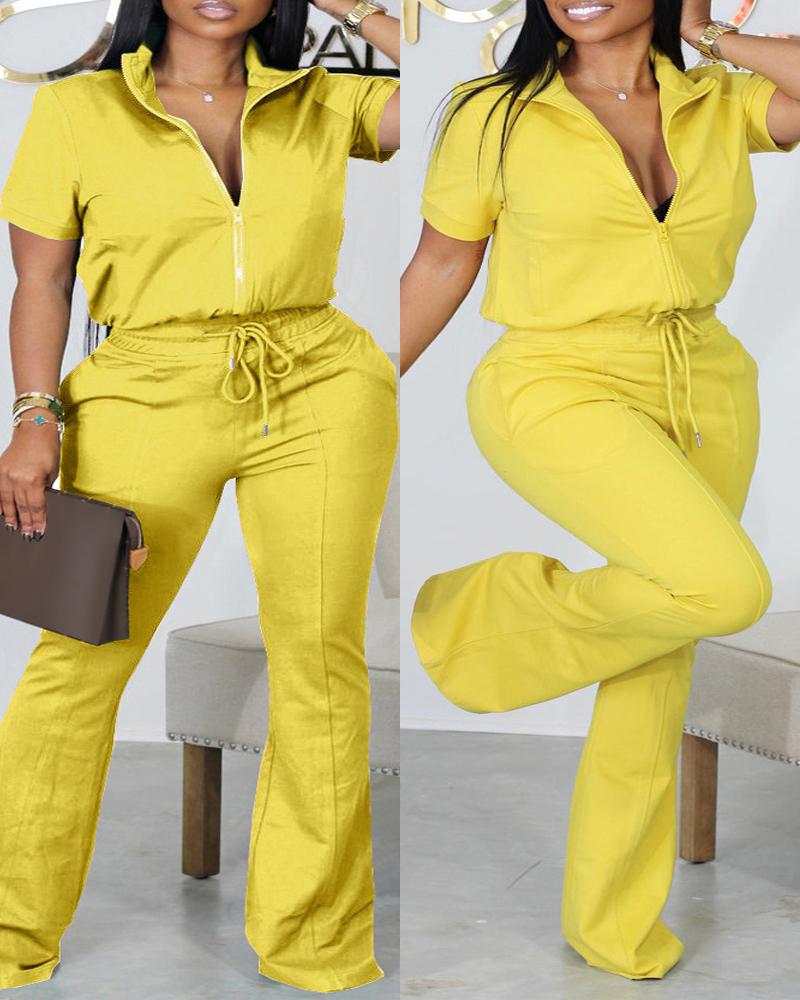 

Plus Size Zip Up Top & Drawstring Pants Set, Yellow