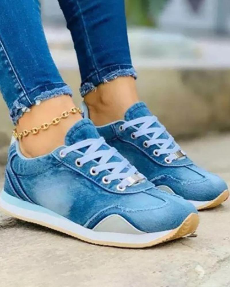 

Colorblock Lace-up Denim Print Sneakers, Light blue