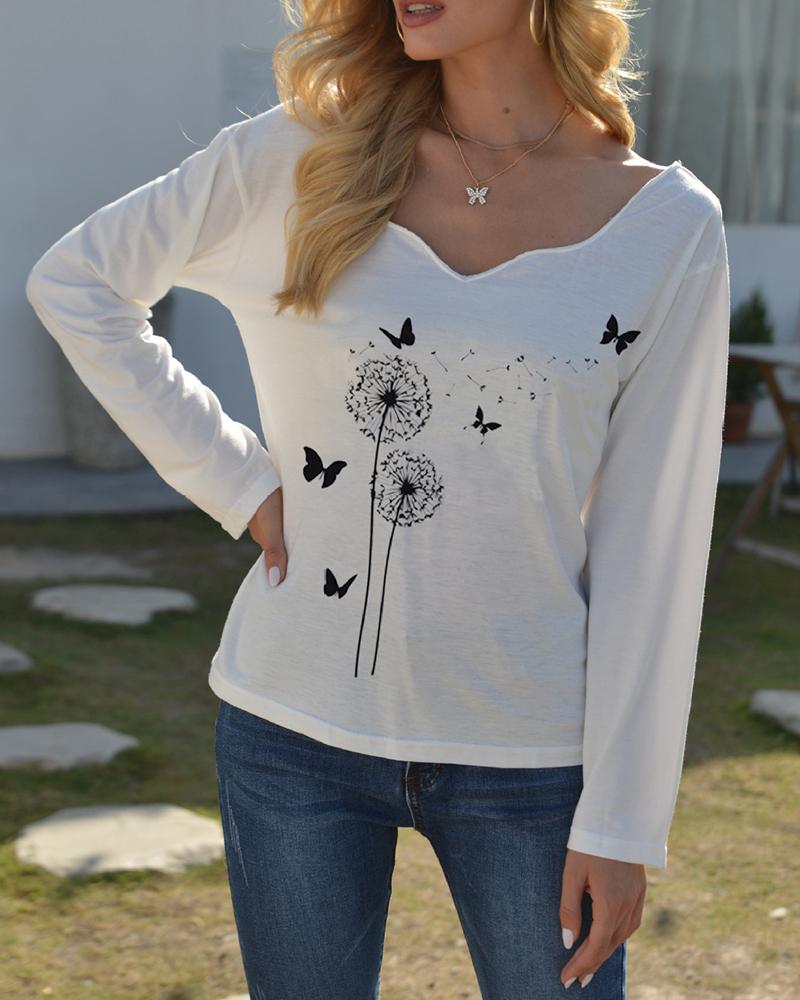 

Dandelion And Butterflies Print Long Sleeve Blouse, White
