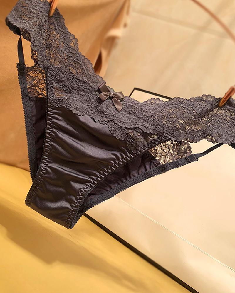 

Satin Lace Cutout Seamless Bowknot Decor Panty, Dark grey