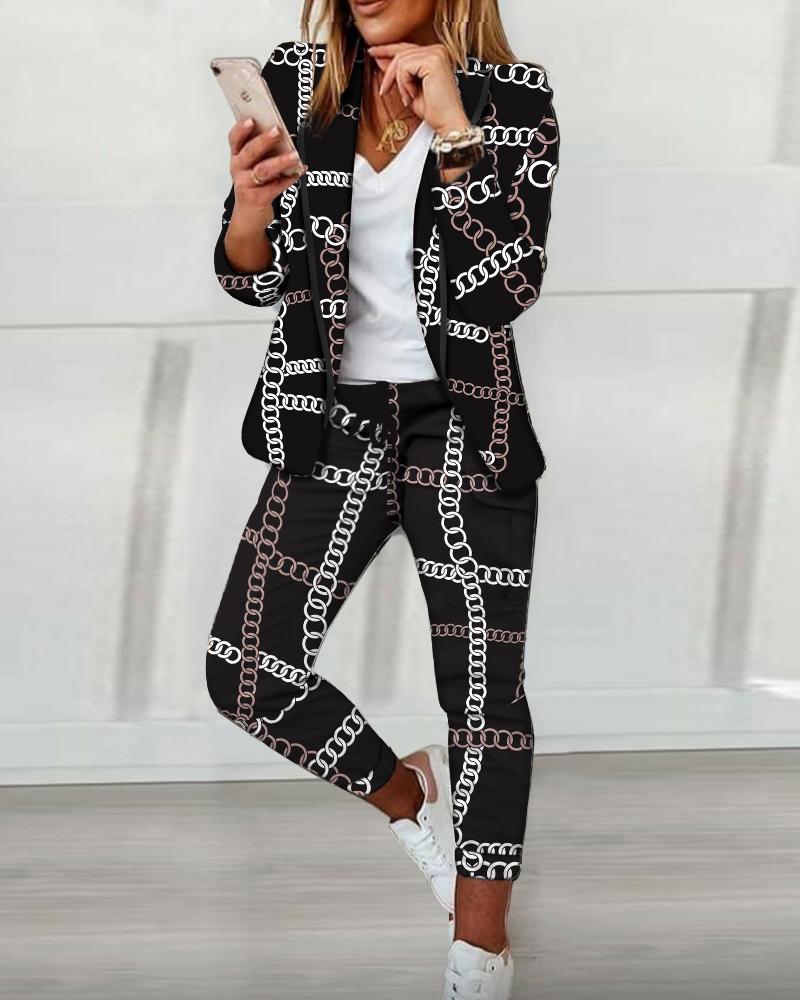 

Chain Print Blazer & Drawstring Pants Set, Black