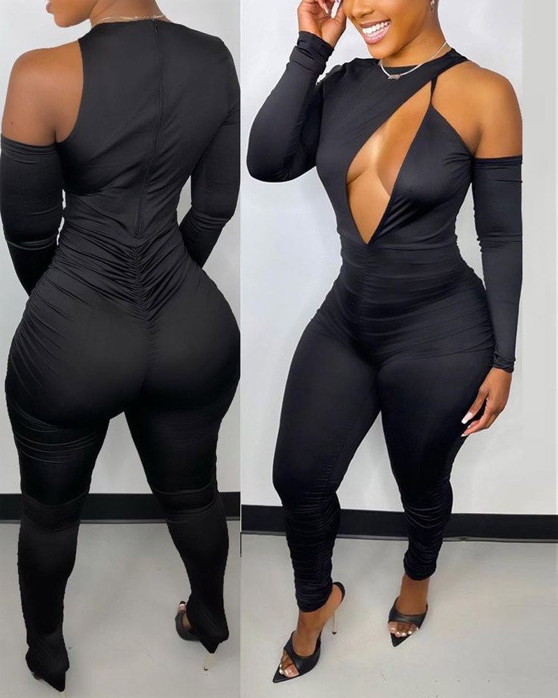 

Long Sleeve Cutout Ruched Skinny Jumpsuit, Black