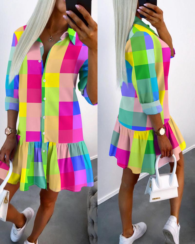 

Colorful Plaid Print Buttoned Ruffle Hem Shirt Dress, Multicolor