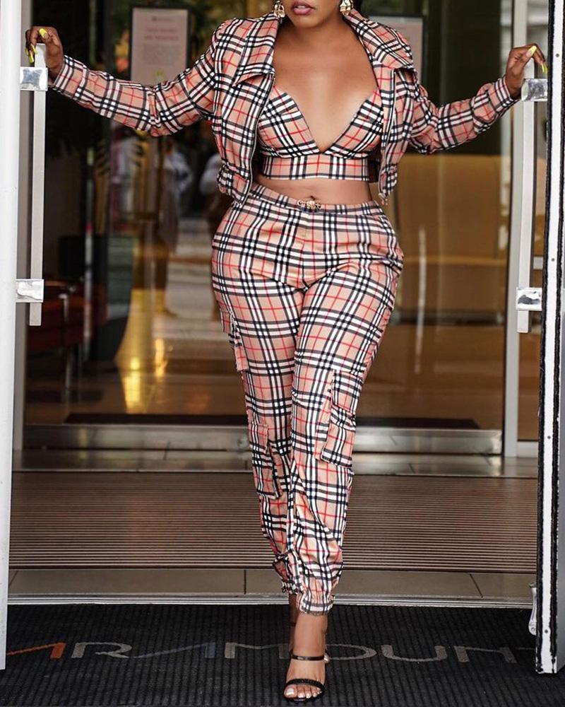 

High Waist Plaid Print Pocket Design Pants, Khaki