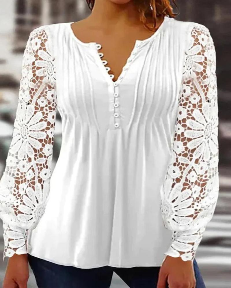 

Plus Size Button Front Contrast Lace Long Sleeve Top, White