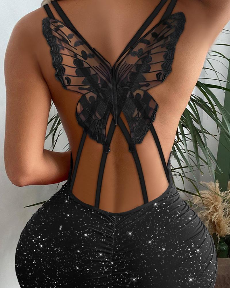 

Glitter Butterfly Pattern Hollow Out Bodycon Dress, Black