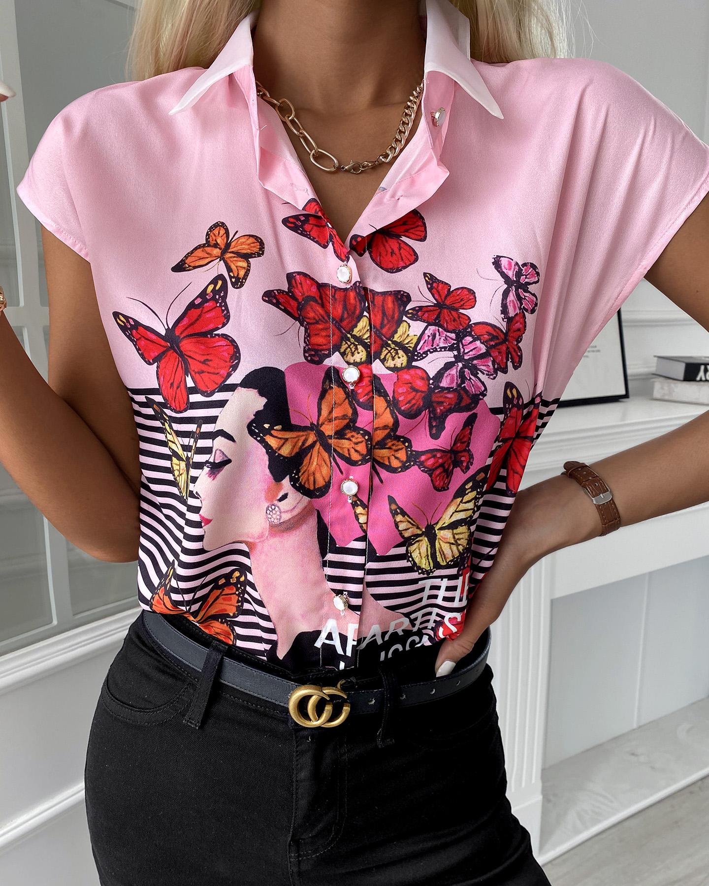 

Butterfly print Short Sleeve Shirt, Pink