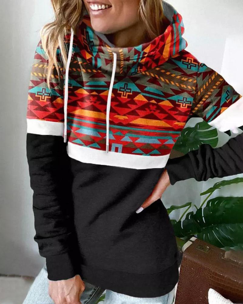 

Geometric Print Long Sleeve Drawstring Hoodie, Black