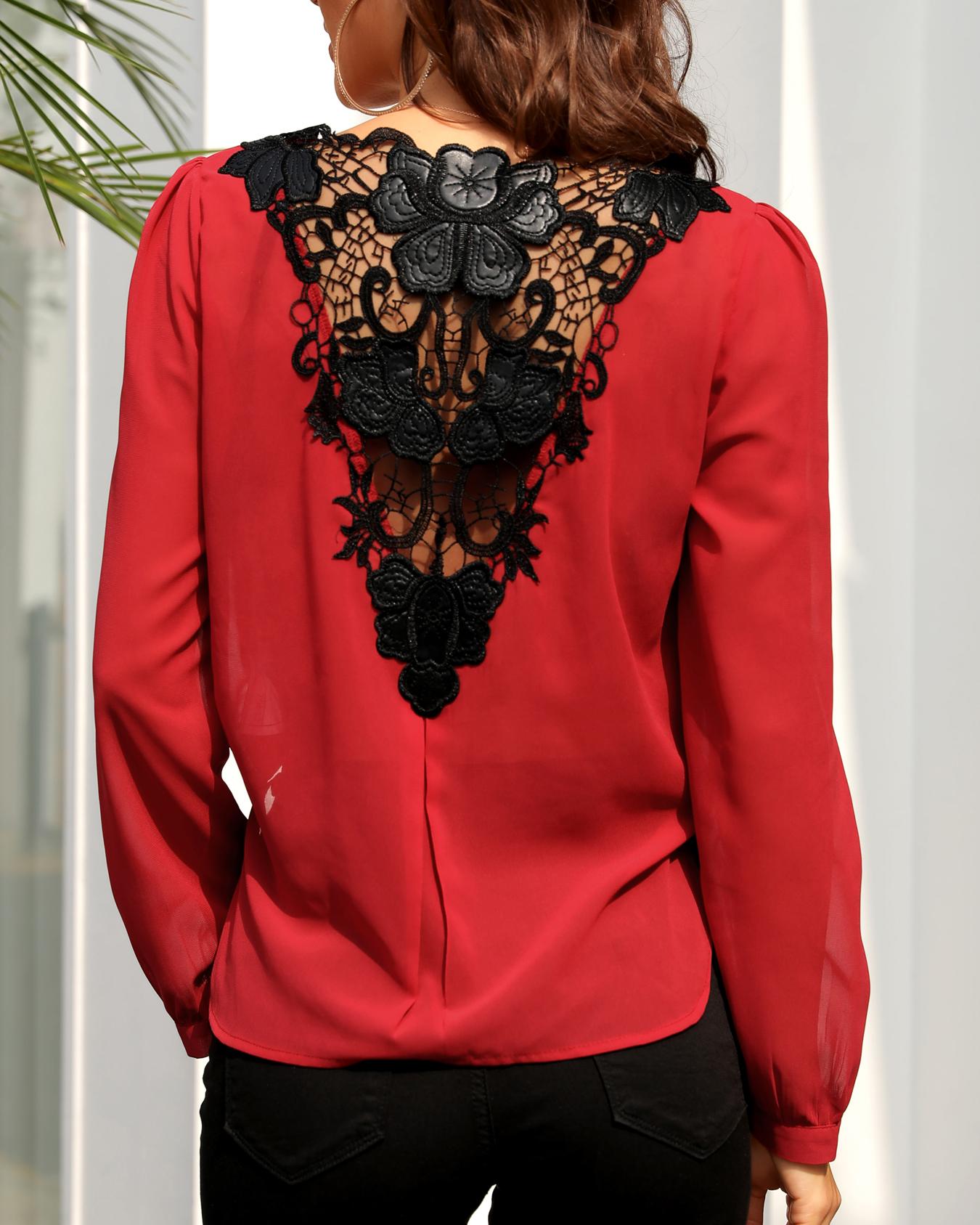 

Lace Crochet Back Surplice Front Women Blouse, Wine red