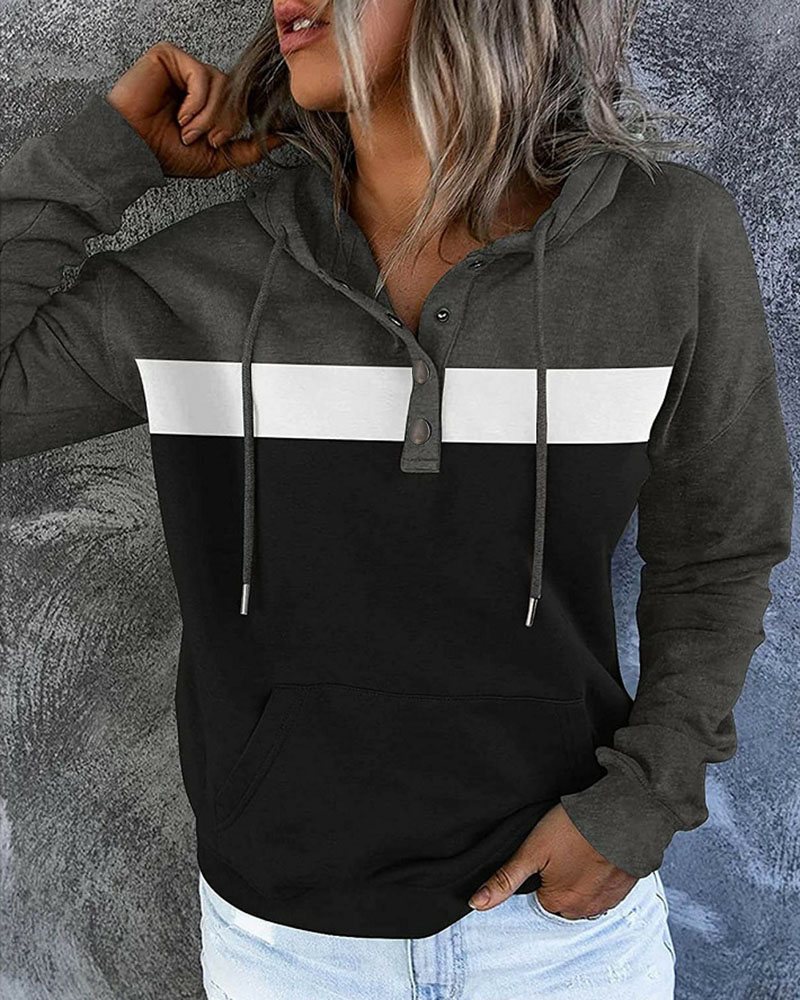 

Striped Print Colorblock Button Pocket Design Hooded Top, Black