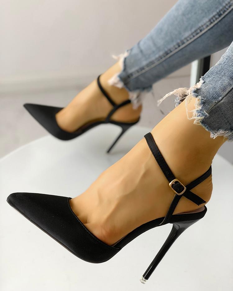 

Satin Ankle Buckle Pointed Toe Thin Heeled Sandals, Black