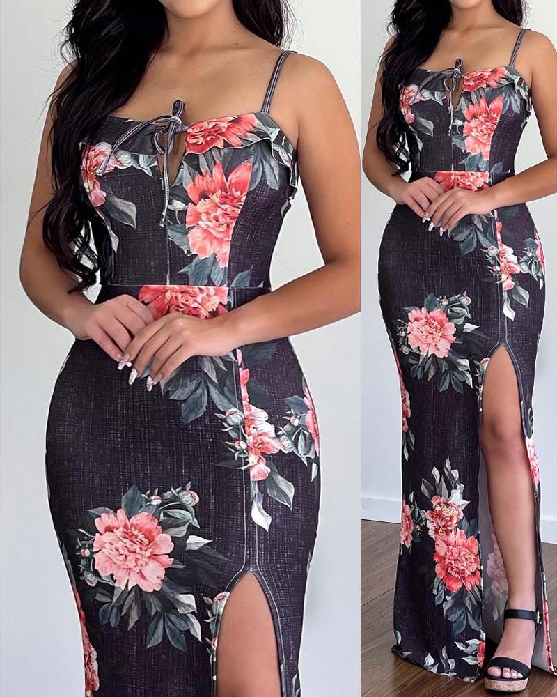 

Floral Print Tied Detail Ruffles Maxi Dress, Black