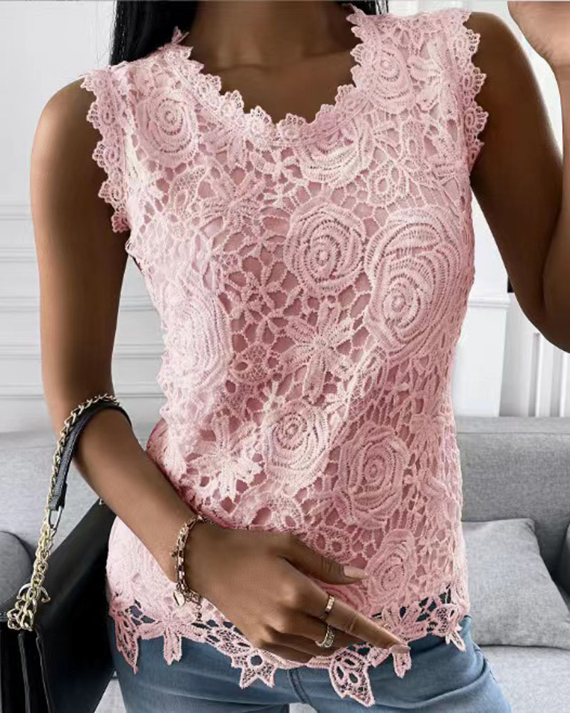 

Guipure Lace Patch Tank Top, Pink
