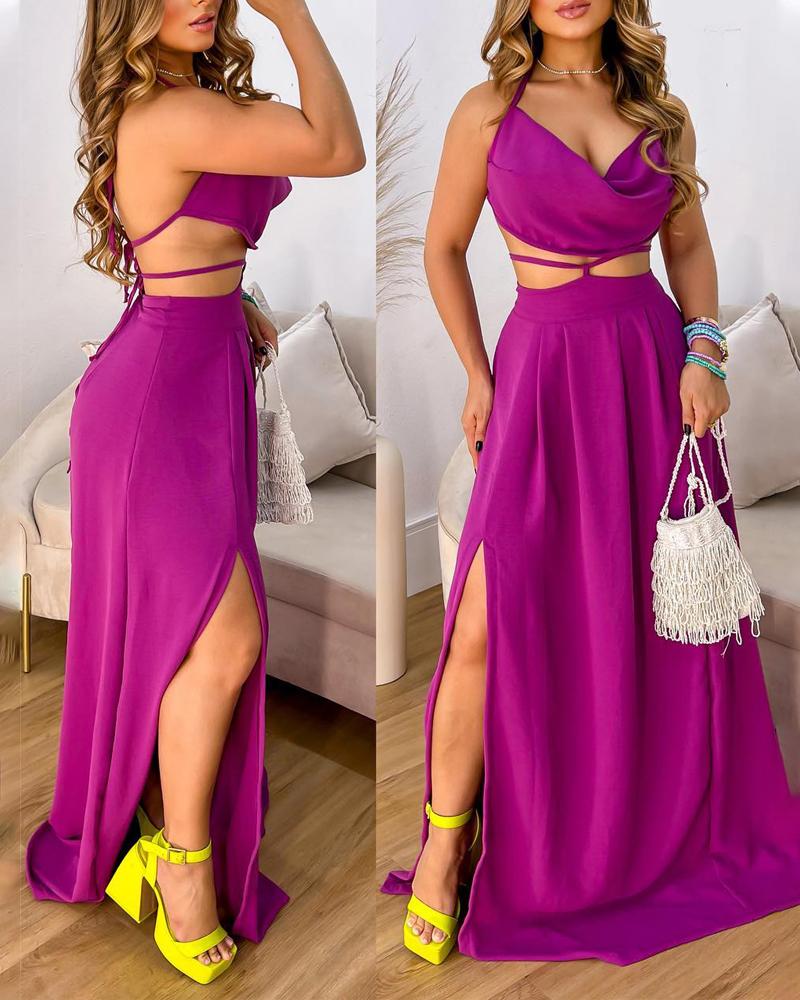 

Halter Cowl Neck Crop Top & Split Thigh Skirt Set, Purple
