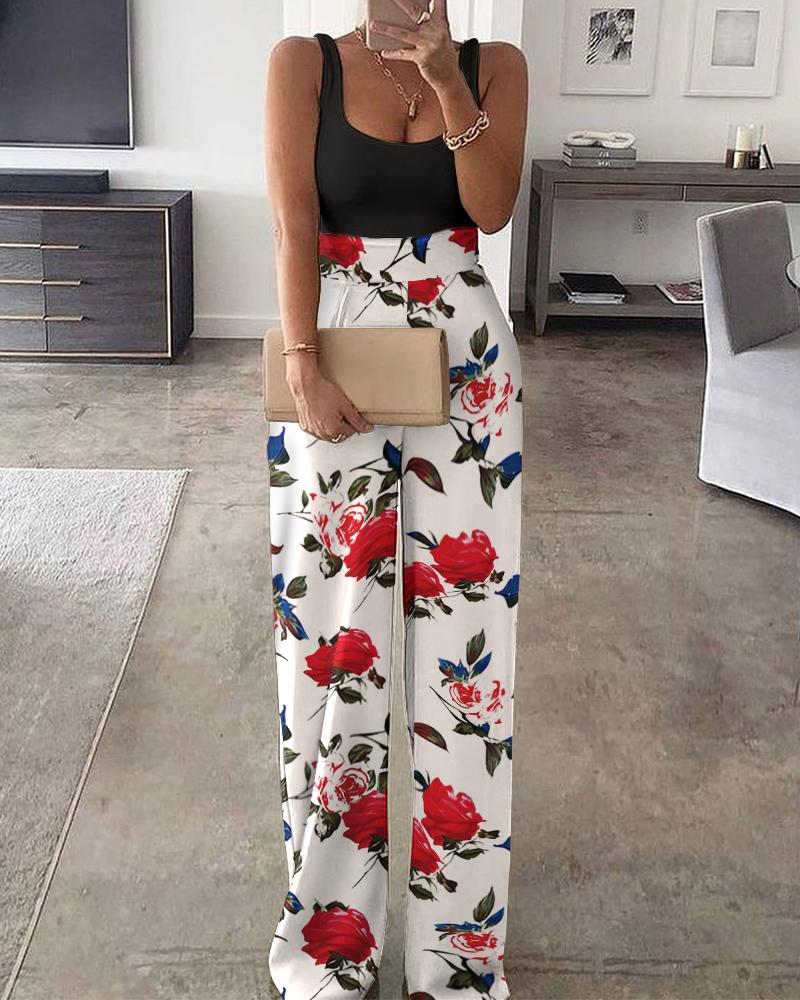 

Colorblock Floral Print Straight Jumpsuit (Black & White Version), Multicolor