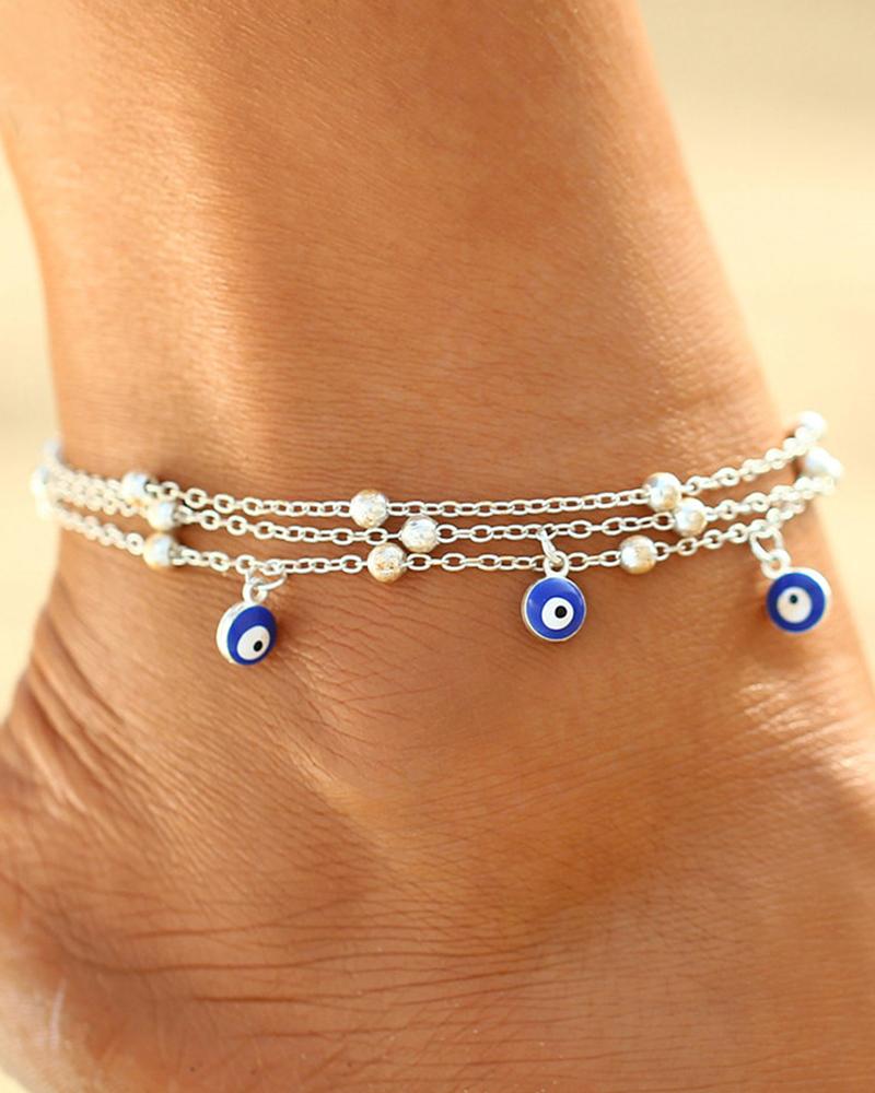 

1pc Bohemian Multi-layer Beaded Blue Eye Beach Chain Anklet, Silver