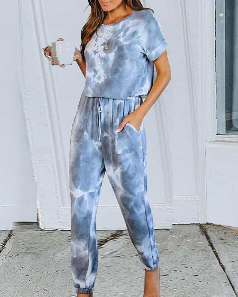 

Tie Dye Print Pockets Top & Pants Set, Blue