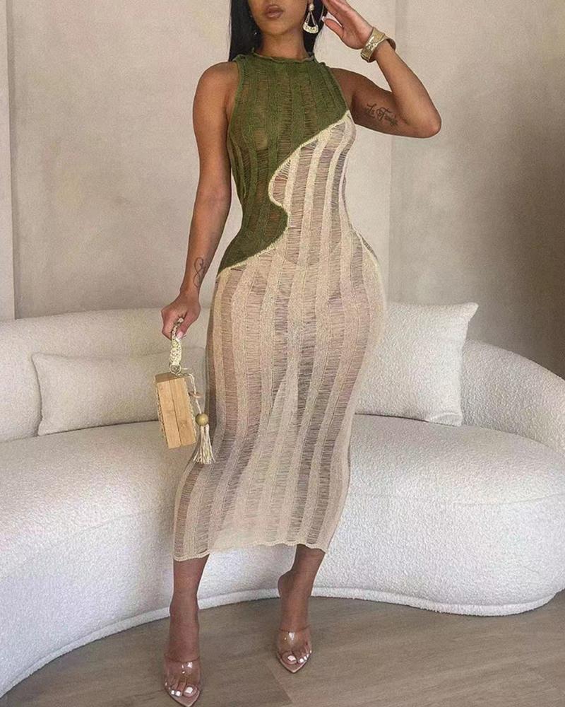 

Colorblock Patchwork Sleeveless Hollow Out Dress, Green