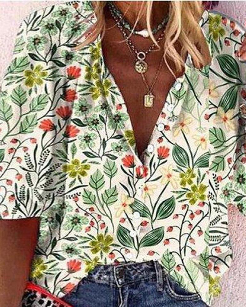 

Floral Print Button Design Half Sleeve Top, Green