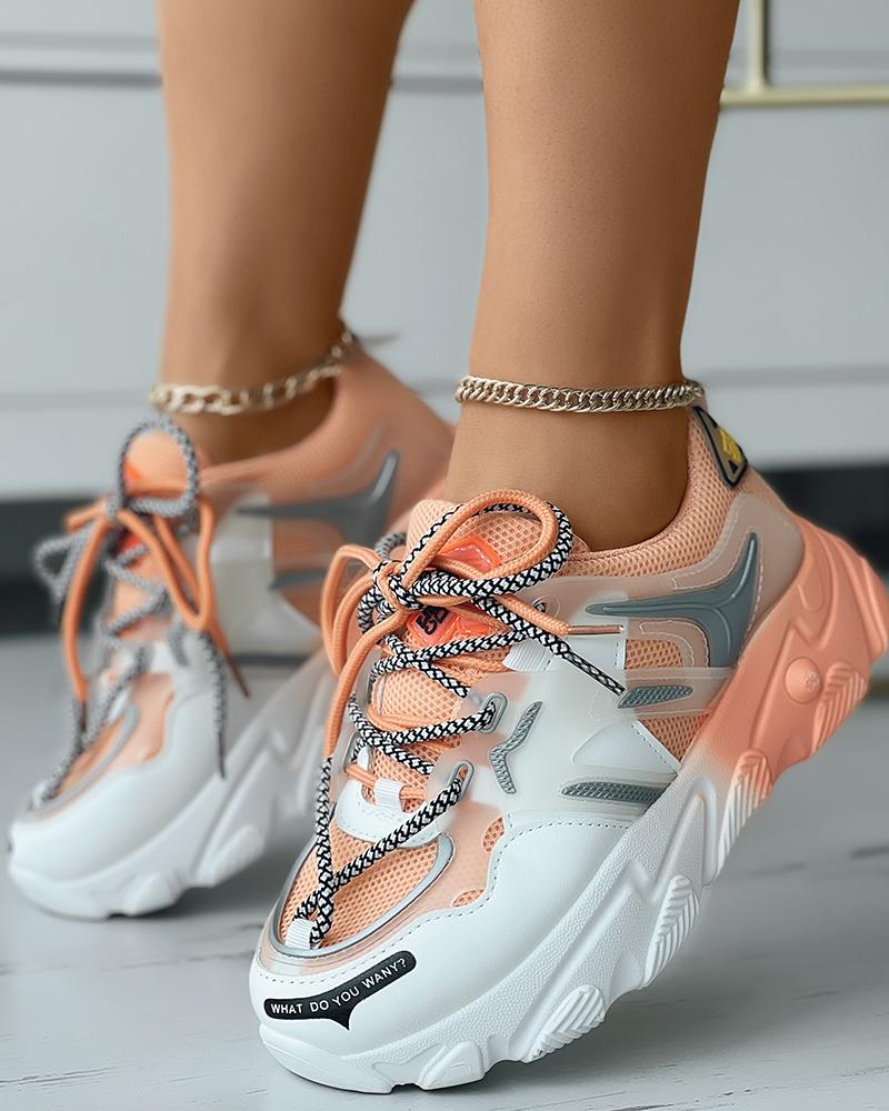 

Colorblock Lace-up Breathable Sneakers, Orange&white