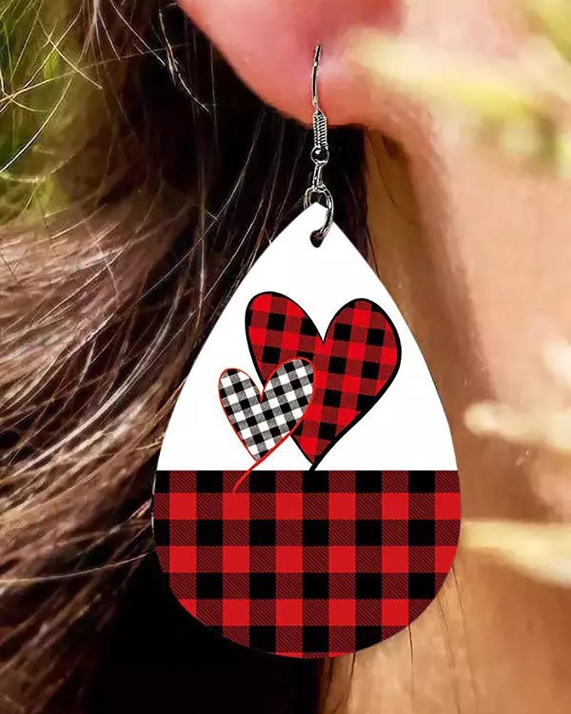 

Valentine's Day Plaid Heart Print Drop Earrings, Red