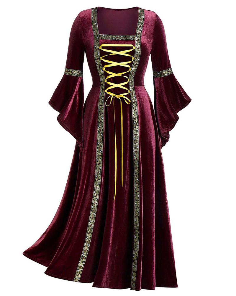 

Halloween Vintage Renaissance Costume Women Gothic Witch Cosplay Medieval Dress Velvet Queen Dresses, Wine red