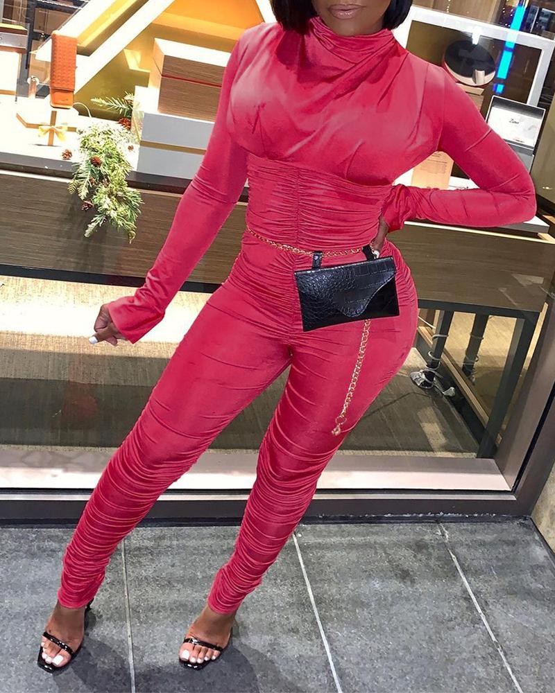 

Long Sleeve Ruched High Neck Jumpsuit, Hot pink