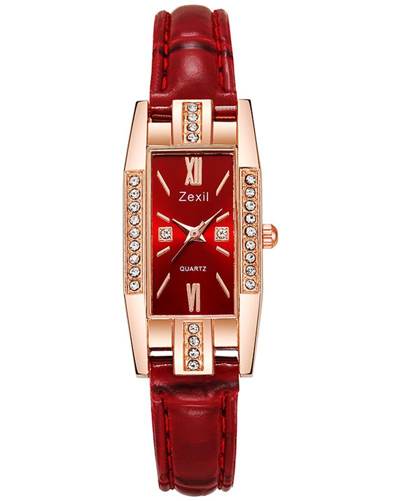 

Rhinestone Decor Rectangle Quartz Watch, Red