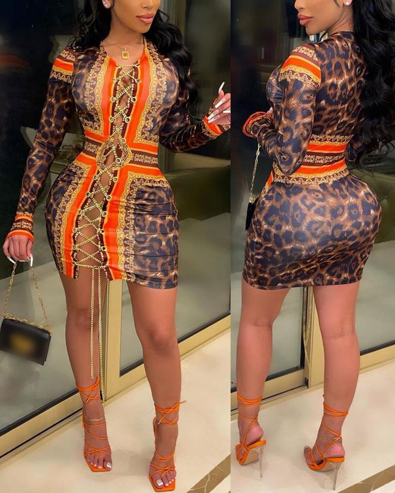 

Leopard Print Grommet Eyelet Chain Lace-Up Bodycon Dress