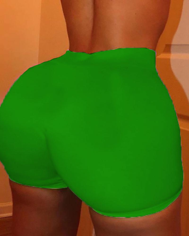 

Solid High Waist Fitted Casual Shorts, Army green